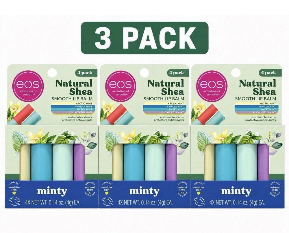 THREE -  4 PACKS EOS Natural Shea Smooth Lip Balm, Minty - Variety Pack Total 12